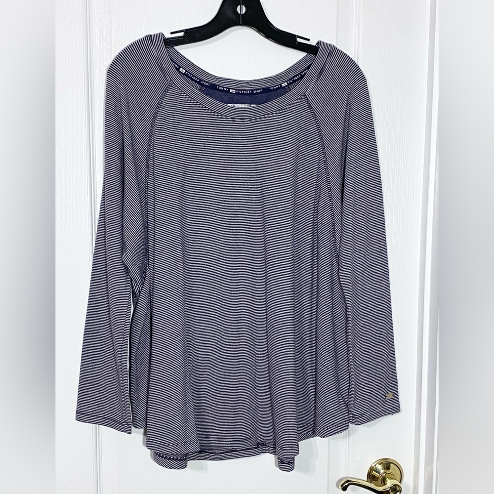 Tommy Hilfiger Soft Knit Relaxed Fit Long Sleeve Raglan Top Striped Navy White L